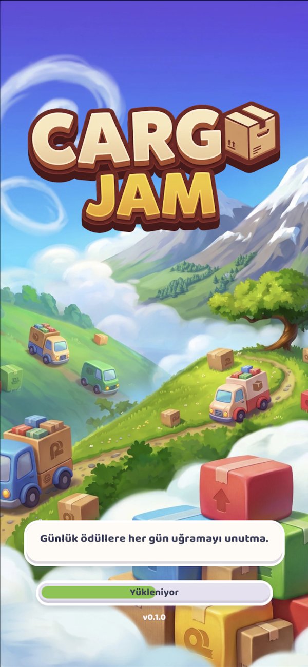 Cargo Jam title screen with trucks driving through green hills