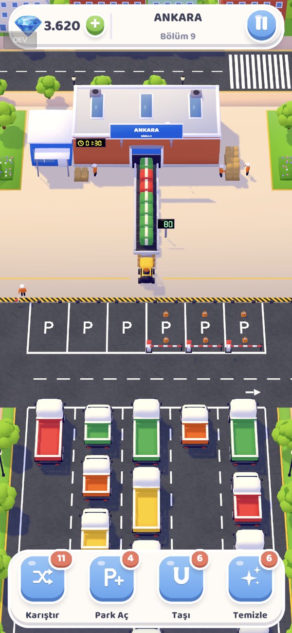 Gameplay: colored trucks waiting in a parking lot below the depot conveyor